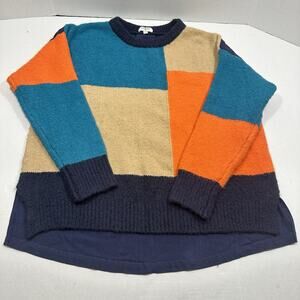 Umgee Sz M Long Sleeved Pleated Back Sweater Teal Orange Beige Navy Colorblock